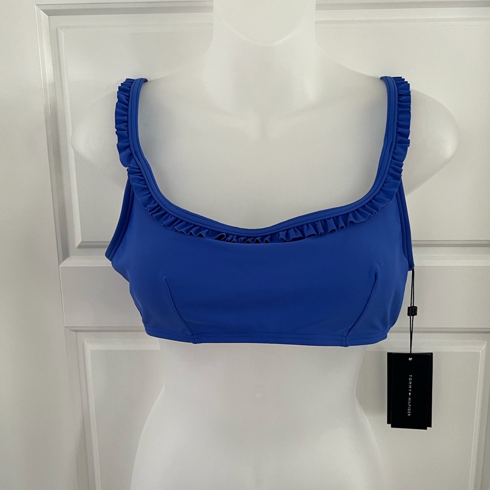 Tommy Hilfiger SKY CAPTAIN NAY BLUE Ruffle Bikini Swim Top SZ L NWT